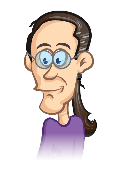 A cartoon of Scott, a man wearing glasses with a long brown hair in a ponytail