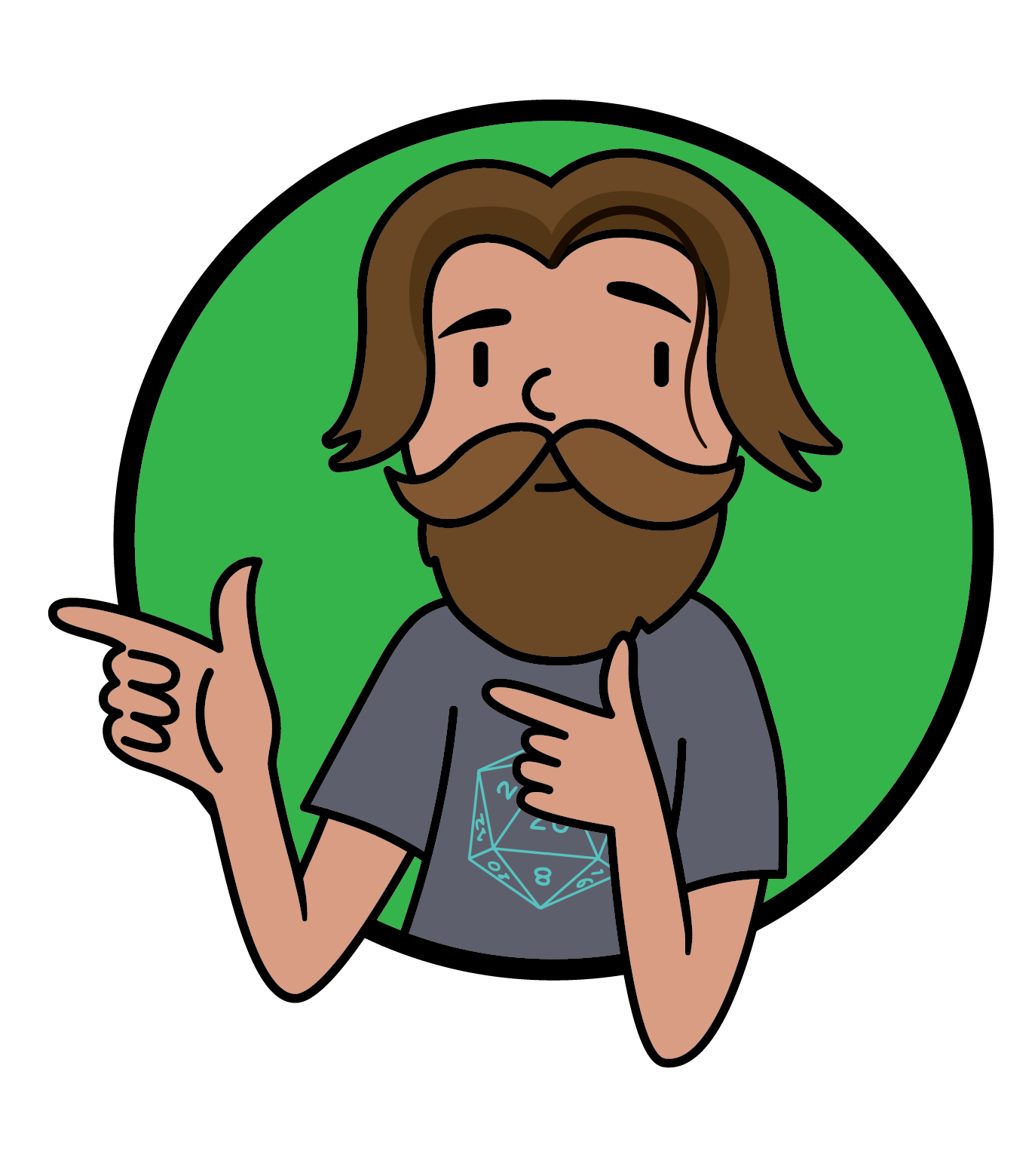 A cartoon image of David, with double finger guns and wearing a d20 shirt with the 20 side facing out. His robust beard his a critical hit, and if it were a d20, it would show 20 on every side.