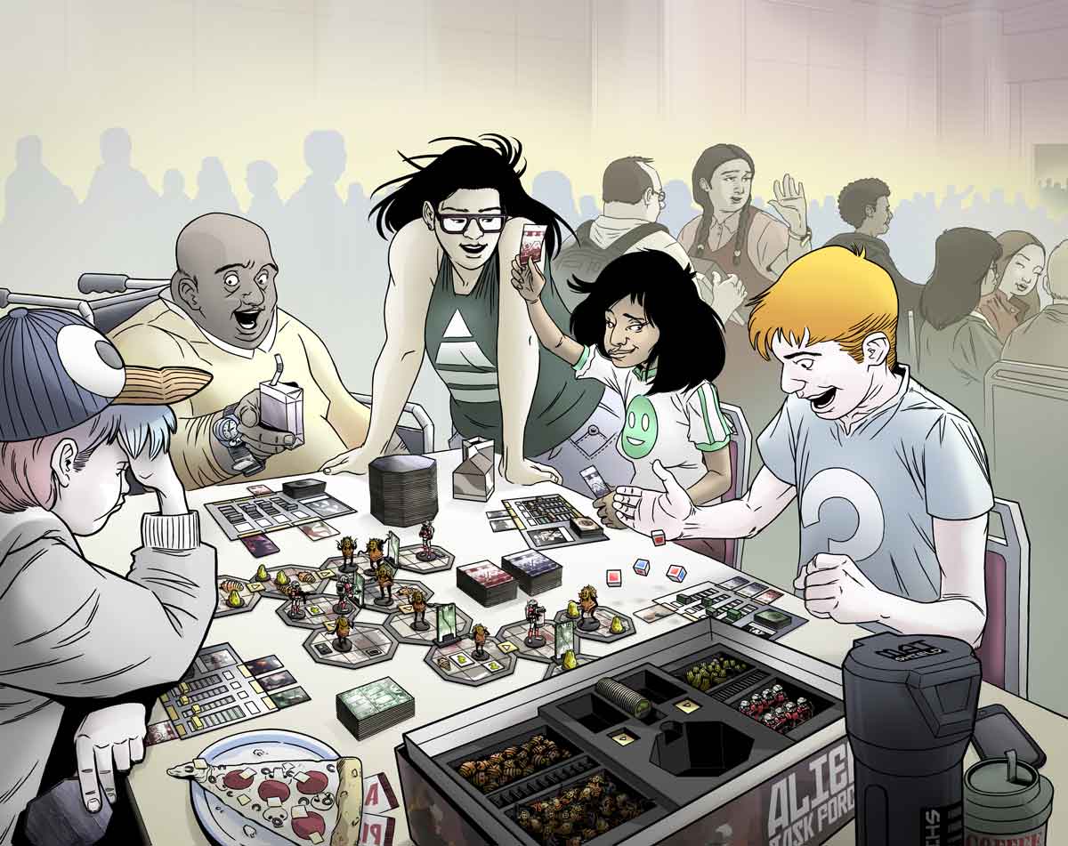 Drawn image of gamers having fun around a table playing a boardgame.