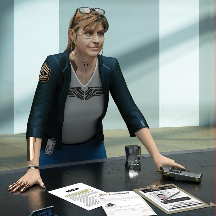 Futuristic Image of Lisa Pondsmith leaning against a desk with papers in front of her, taken from the Cyberpunk RPG Book