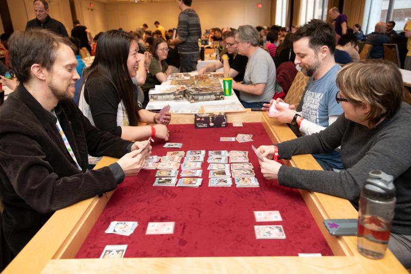 Gaming in the main board game hall.
