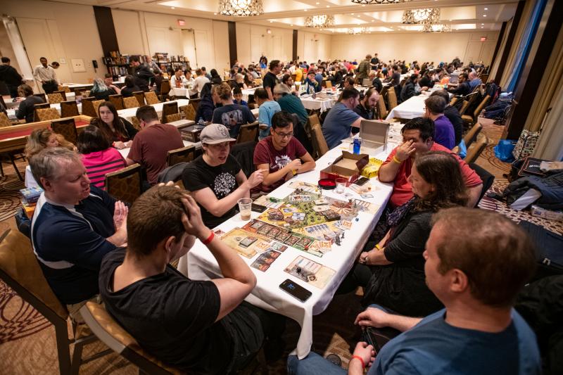 Gaming in the main board game hall.