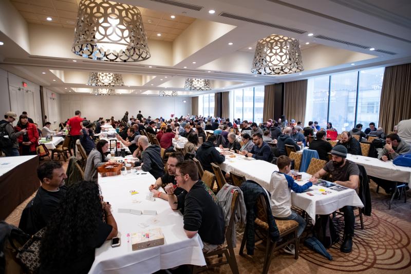 Gaming in the main board game hall.
